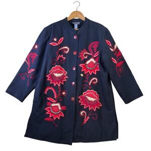 Indigo Moon Embroidered Floral Jacket - Black/Red - Plus Size 1X